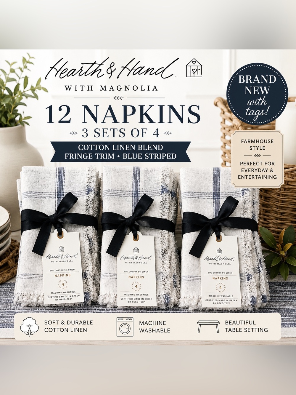 Hearth & Hand White and Blue Striped Cotton Napkins - 3 Pack (12 napkins)